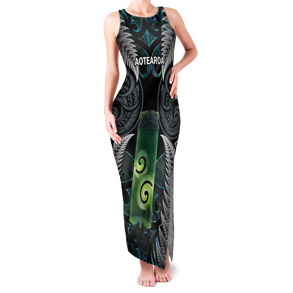 Personalised New Zealand Toki Family Matching Tank Maxi Dress and Hawaiian Shirt Silver Fern Mix Aotearoa Maori Pattern LT14 Mom's Dress Black - Polynesian Pride