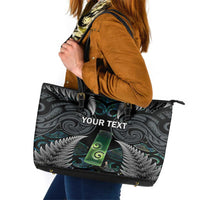Personalised New Zealand Toki Leather Tote Bag Silver Fern Mix Aotearoa Maori Pattern LT14 Black - Polynesian Pride