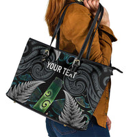 Personalised New Zealand Toki Leather Tote Bag Silver Fern Mix Aotearoa Maori Pattern LT14 - Polynesian Pride