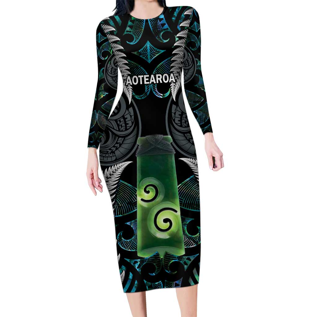 Personalised New Zealand Toki Long Sleeve Bodycon Dress Silver Fern Mix Aotearoa Maori Pattern LT14 Long Dress Black - Polynesian Pride