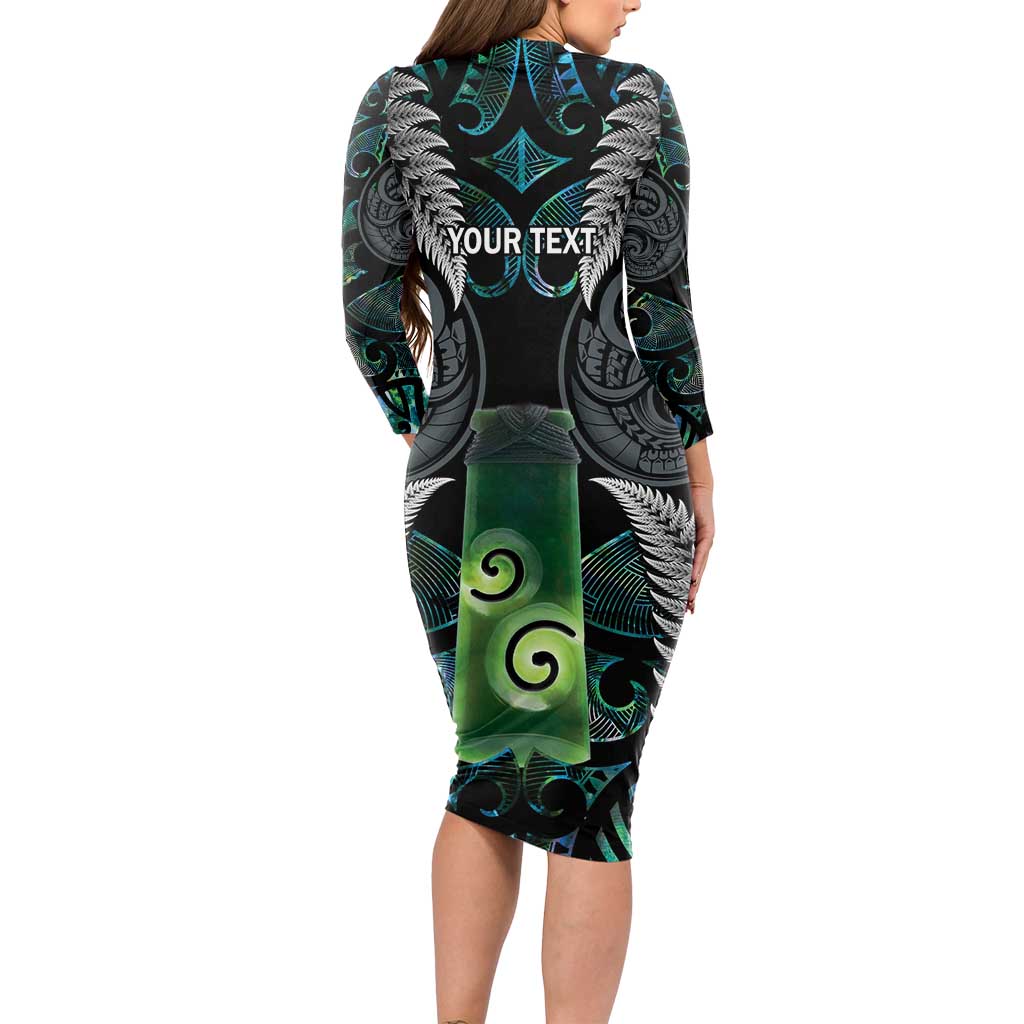 Personalised New Zealand Toki Long Sleeve Bodycon Dress Silver Fern Mix Aotearoa Maori Pattern LT14 - Polynesian Pride