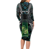 Personalised New Zealand Toki Long Sleeve Bodycon Dress Silver Fern Mix Aotearoa Maori Pattern LT14 - Polynesian Pride