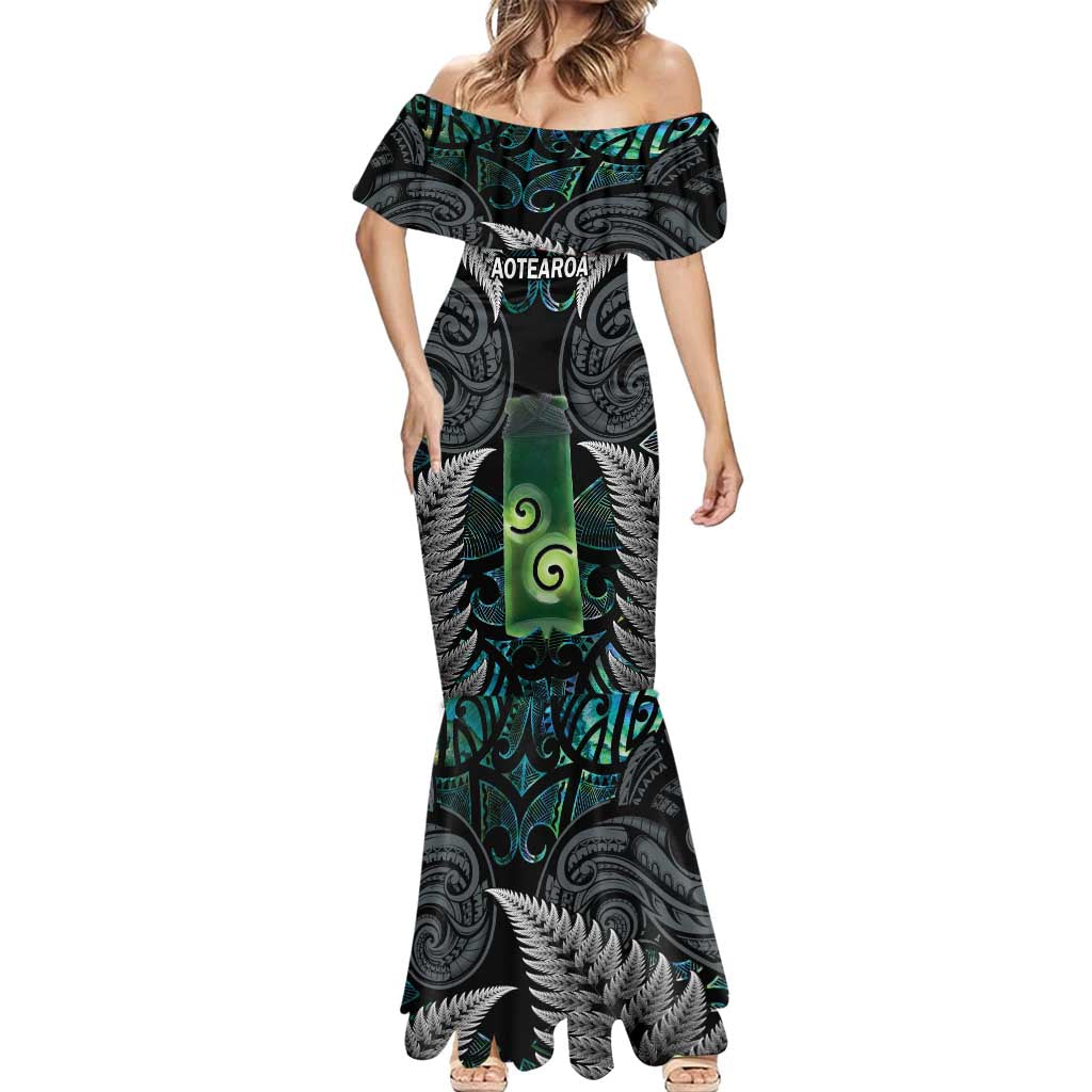 Personalised New Zealand Toki Mermaid Dress Silver Fern Mix Aotearoa Maori Pattern