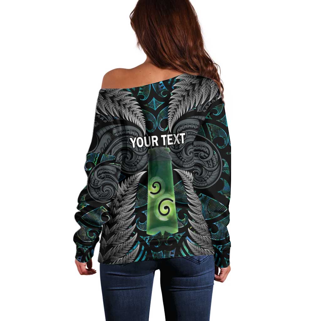 Personalised New Zealand Toki Off Shoulder Sweater Silver Fern Mix Aotearoa Maori Pattern