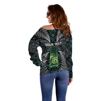 Personalised New Zealand Toki Off Shoulder Sweater Silver Fern Mix Aotearoa Maori Pattern