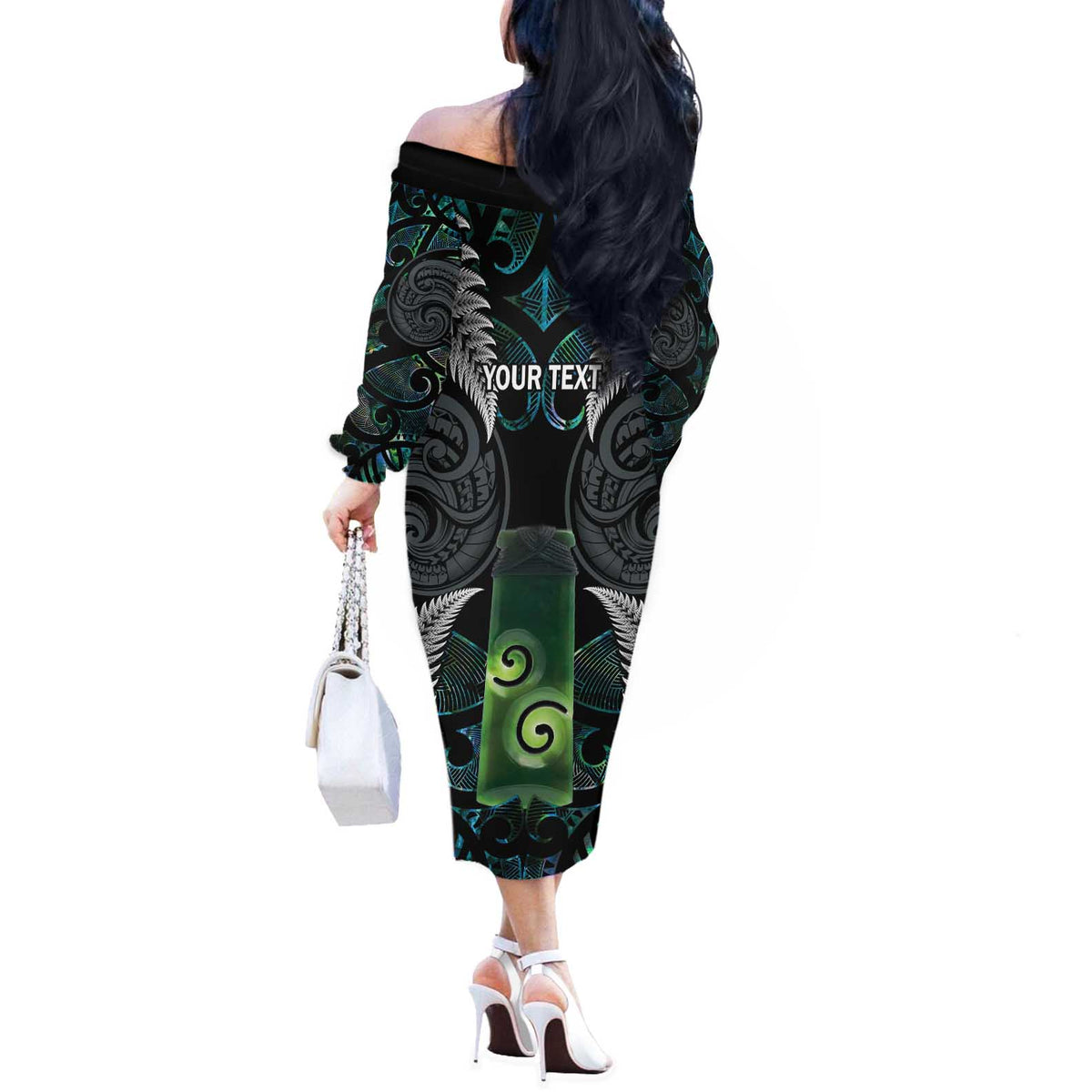Personalised New Zealand Toki Off The Shoulder Long Sleeve Dress Silver Fern Mix Aotearoa Maori Pattern LT14 - Polynesian Pride
