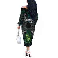 Personalised New Zealand Toki Off The Shoulder Long Sleeve Dress Silver Fern Mix Aotearoa Maori Pattern LT14 - Polynesian Pride