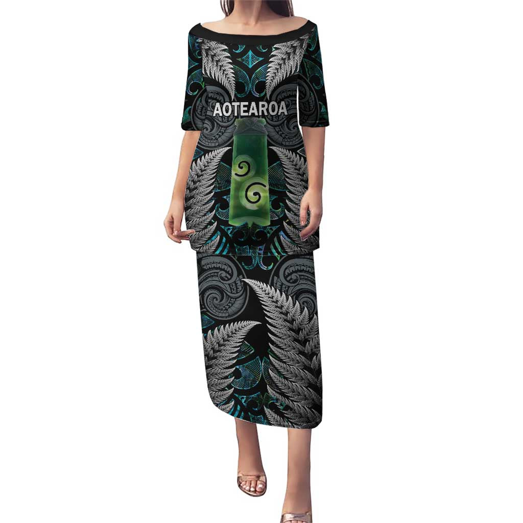 Personalised New Zealand Toki Puletasi Silver Fern Mix Aotearoa Maori Pattern LT14 Long Dress Black - Polynesian Pride