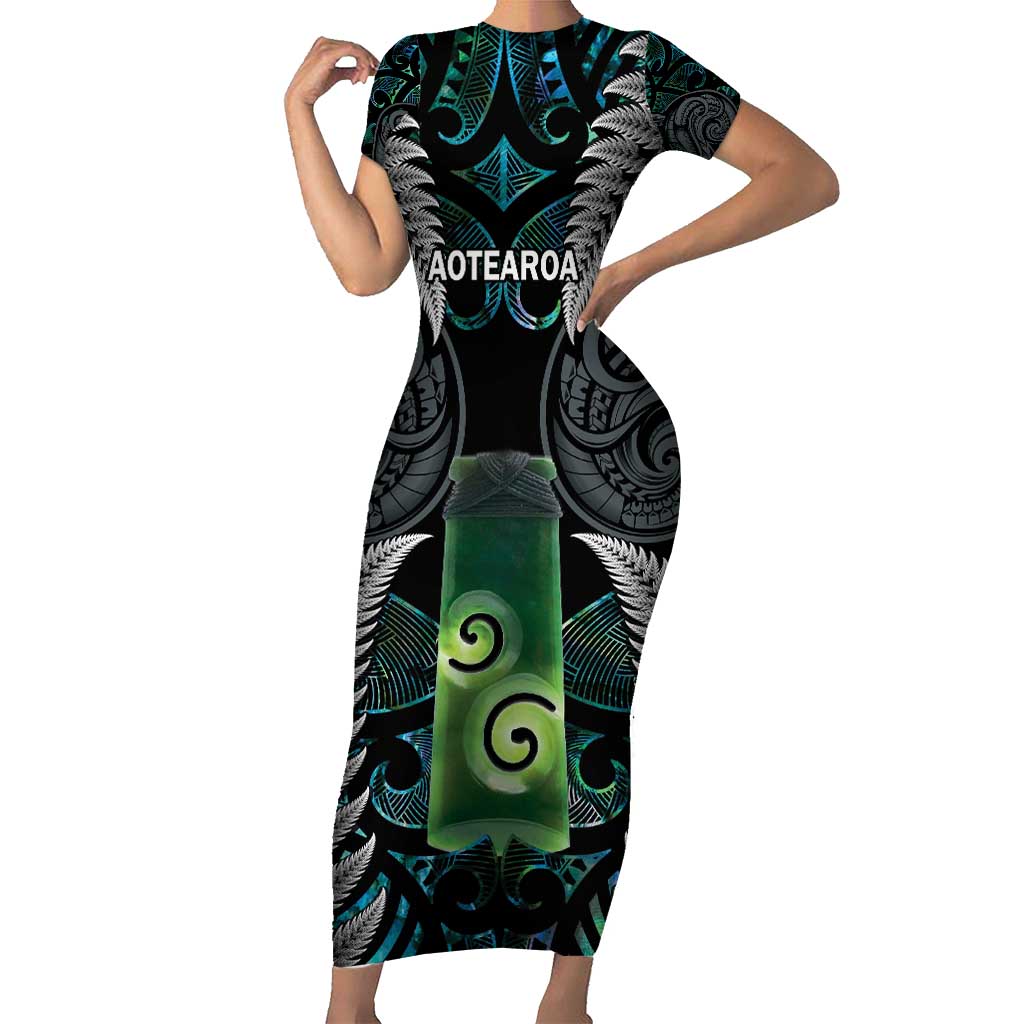 Personalised New Zealand Toki Short Sleeve Bodycon Dress Silver Fern Mix Aotearoa Maori Pattern LT14 Long Dress Black - Polynesian Pride