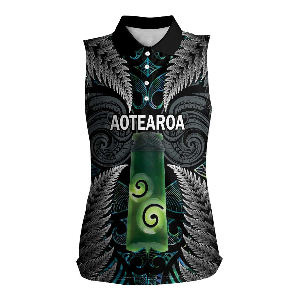 Personalised New Zealand Toki Women Sleeveless Polo Shirt Silver Fern Mix Aotearoa Maori Pattern LT14 Female Black - Polynesian Pride