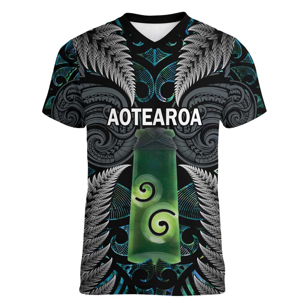 Personalised New Zealand Toki Women V-Neck T-Shirt Silver Fern Mix Aotearoa Maori Pattern LT14 Female Black - Polynesian Pride
