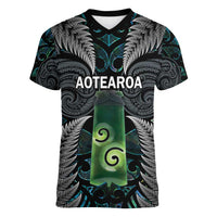 Personalised New Zealand Toki Women V-Neck T-Shirt Silver Fern Mix Aotearoa Maori Pattern LT14 Female Black - Polynesian Pride