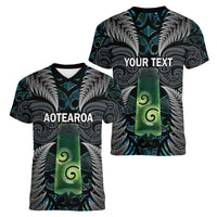 Personalised New Zealand Toki Women V-Neck T-Shirt Silver Fern Mix Aotearoa Maori Pattern LT14 - Polynesian Pride
