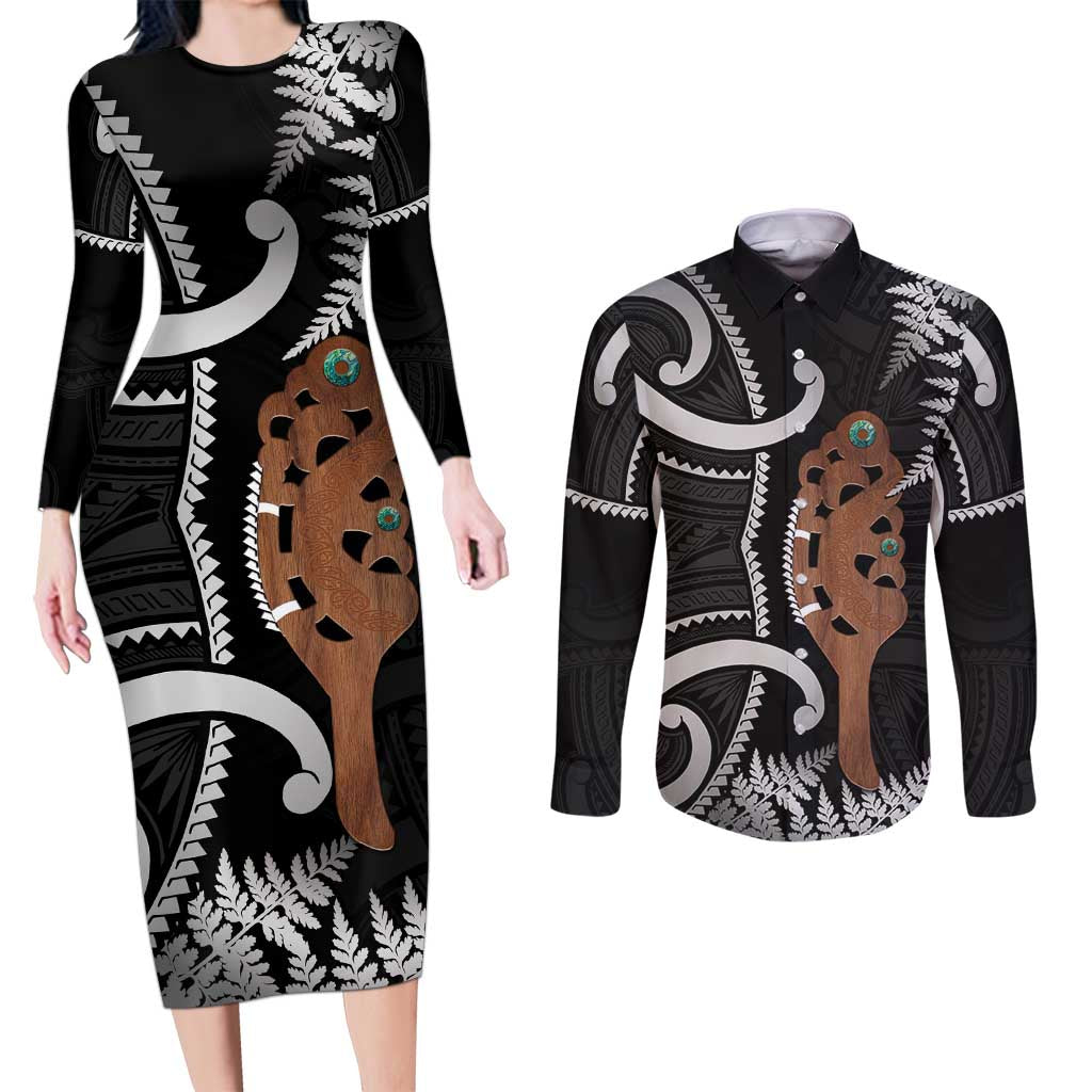 New Zealand Maripi Couples Matching Long Sleeve Bodycon Dress and Long Sleeve Button Shirt Silver Fern Mix Aotearoa Maori Pattern LT14 Black - Polynesian Pride