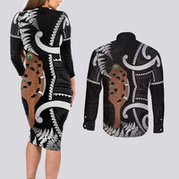 New Zealand Maripi Couples Matching Long Sleeve Bodycon Dress and Long Sleeve Button Shirt Silver Fern Mix Aotearoa Maori Pattern LT14 - Polynesian Pride