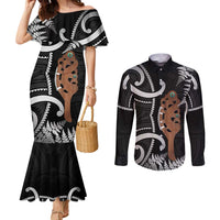 New Zealand Maripi Couples Matching Mermaid Dress and Long Sleeve Button Shirt Silver Fern Mix Aotearoa Maori Pattern LT14 Black - Polynesian Pride