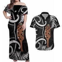 New Zealand Maripi Couples Matching Off Shoulder Maxi Dress and Hawaiian Shirt Silver Fern Mix Aotearoa Maori Pattern LT14 Black - Polynesian Pride