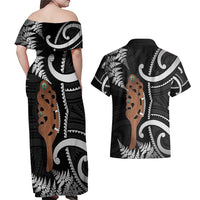 New Zealand Maripi Couples Matching Off Shoulder Maxi Dress and Hawaiian Shirt Silver Fern Mix Aotearoa Maori Pattern LT14 - Polynesian Pride
