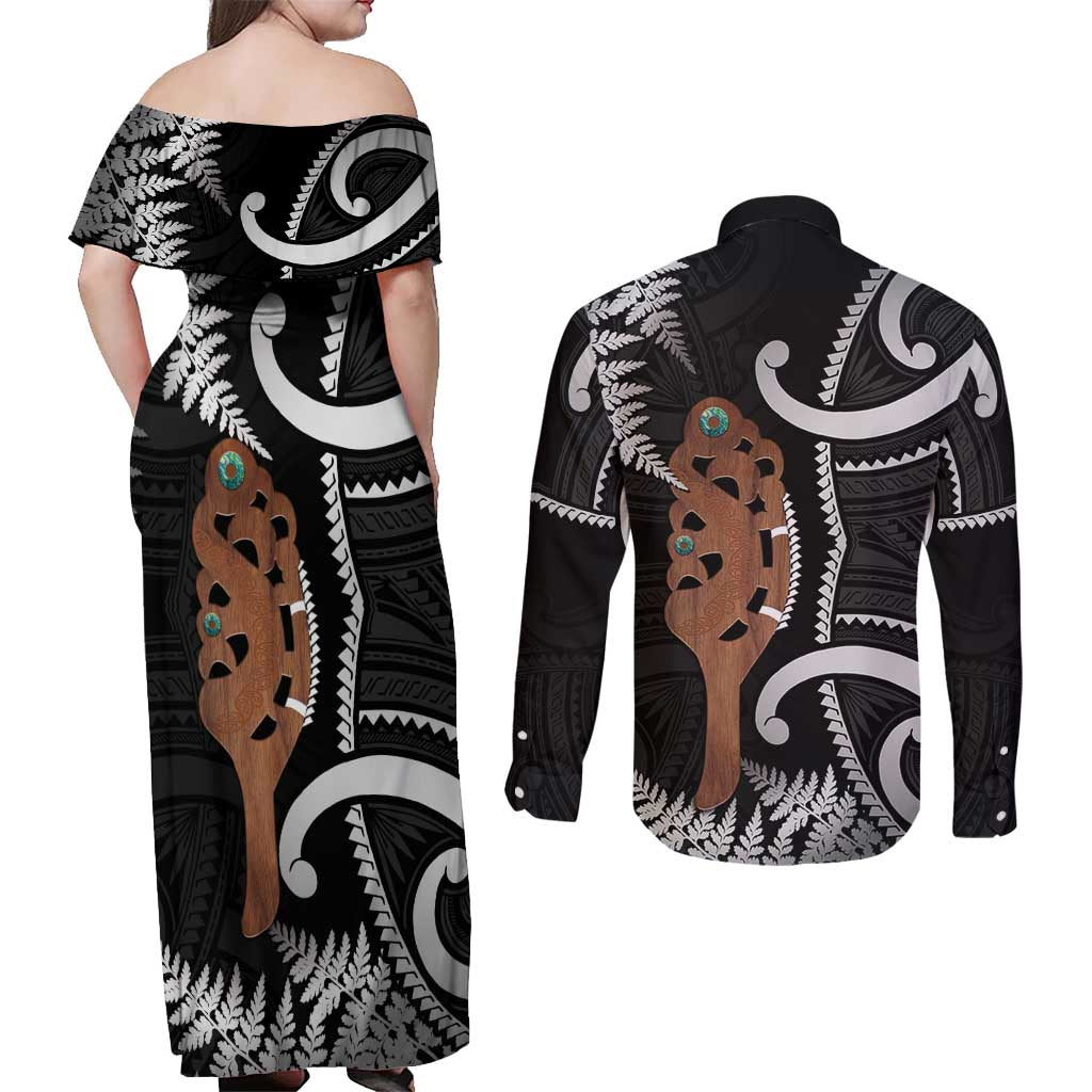 New Zealand Maripi Couples Matching Off Shoulder Maxi Dress and Long Sleeve Button Shirt Silver Fern Mix Aotearoa Maori Pattern LT14 - Polynesian Pride