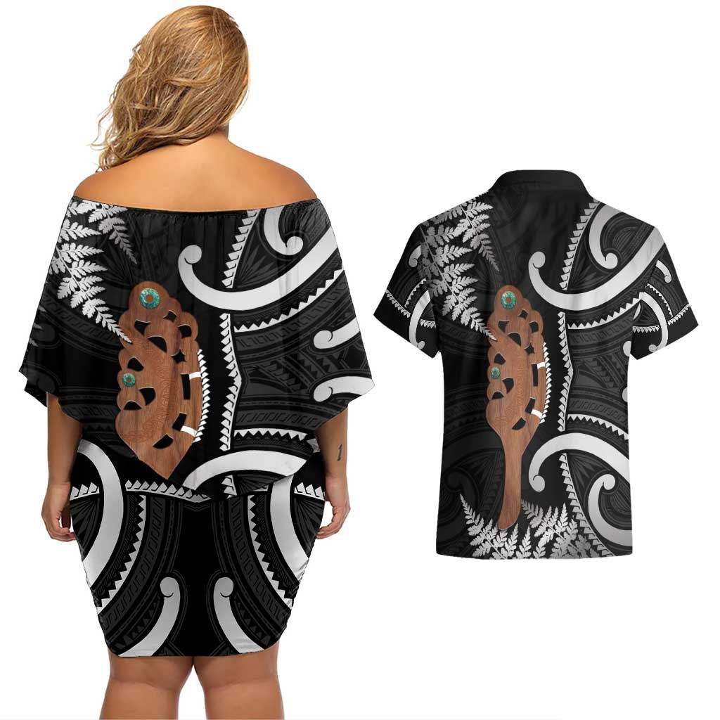 New Zealand Maripi Couples Matching Off Shoulder Short Dress and Hawaiian Shirt Silver Fern Mix Aotearoa Maori Pattern LT14 - Polynesian Pride