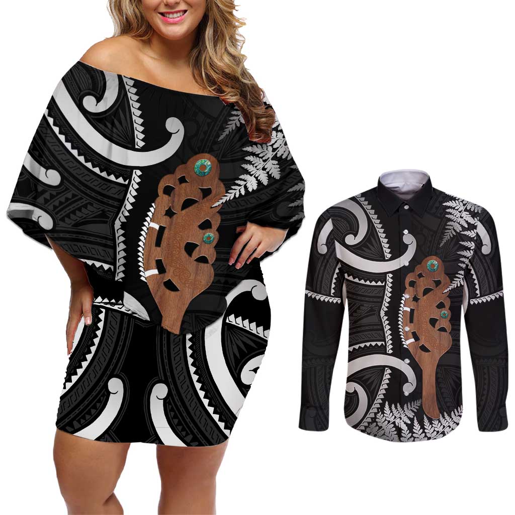 New Zealand Maripi Couples Matching Off Shoulder Short Dress and Long Sleeve Button Shirt Silver Fern Mix Aotearoa Maori Pattern LT14 Black - Polynesian Pride