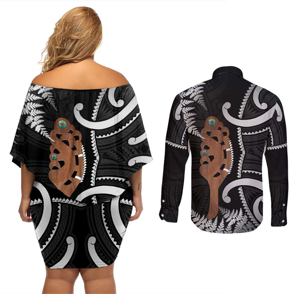 New Zealand Maripi Couples Matching Off Shoulder Short Dress and Long Sleeve Button Shirt Silver Fern Mix Aotearoa Maori Pattern LT14 - Polynesian Pride