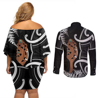 New Zealand Maripi Couples Matching Off Shoulder Short Dress and Long Sleeve Button Shirt Silver Fern Mix Aotearoa Maori Pattern LT14 - Polynesian Pride