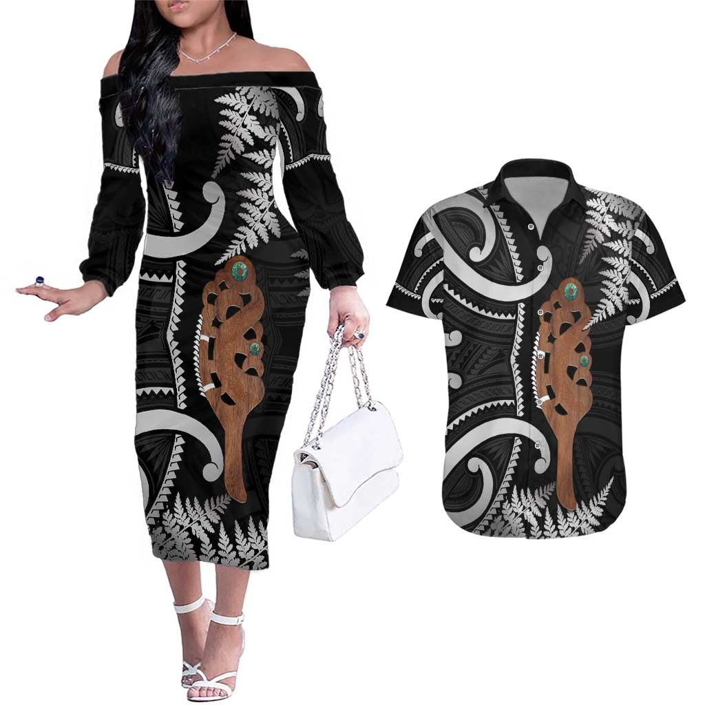 New Zealand Maripi Couples Matching Off The Shoulder Long Sleeve Dress and Hawaiian Shirt Silver Fern Mix Aotearoa Maori Pattern LT14 Black - Polynesian Pride