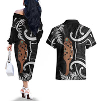 New Zealand Maripi Couples Matching Off The Shoulder Long Sleeve Dress and Hawaiian Shirt Silver Fern Mix Aotearoa Maori Pattern LT14 - Polynesian Pride