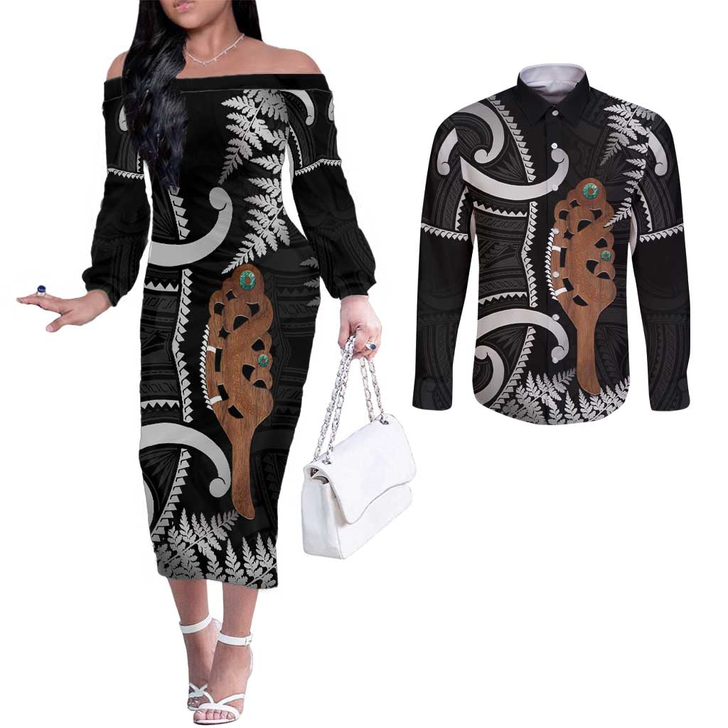 New Zealand Maripi Couples Matching Off The Shoulder Long Sleeve Dress and Long Sleeve Button Shirt Silver Fern Mix Aotearoa Maori Pattern LT14 Black - Polynesian Pride