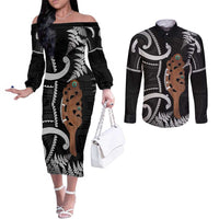New Zealand Maripi Couples Matching Off The Shoulder Long Sleeve Dress and Long Sleeve Button Shirt Silver Fern Mix Aotearoa Maori Pattern LT14 Black - Polynesian Pride