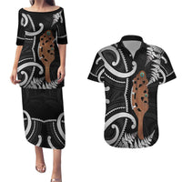 New Zealand Maripi Couples Matching Puletasi and Hawaiian Shirt Silver Fern Mix Aotearoa Maori Pattern LT14 Black - Polynesian Pride