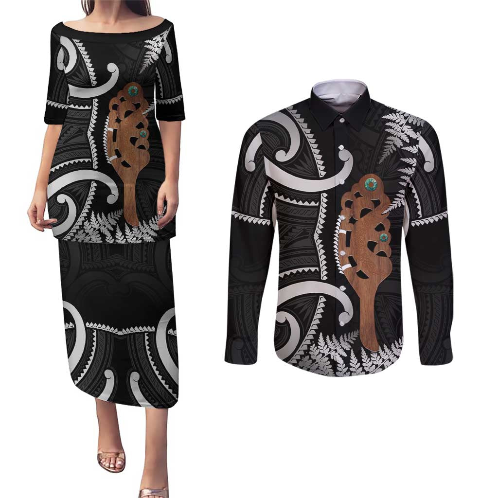 New Zealand Maripi Couples Matching Puletasi and Long Sleeve Button Shirt Silver Fern Mix Aotearoa Maori Pattern LT14 Black - Polynesian Pride