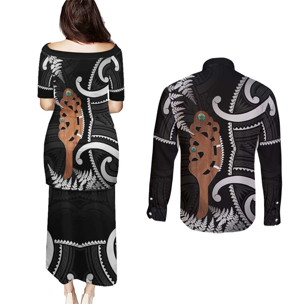 New Zealand Maripi Couples Matching Puletasi and Long Sleeve Button Shirt Silver Fern Mix Aotearoa Maori Pattern LT14 - Polynesian Pride