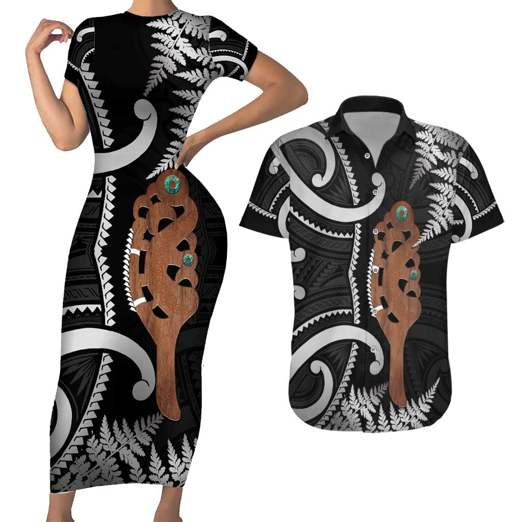 New Zealand Maripi Couples Matching Short Sleeve Bodycon Dress and Hawaiian Shirt Silver Fern Mix Aotearoa Maori Pattern LT14 Black - Polynesian Pride