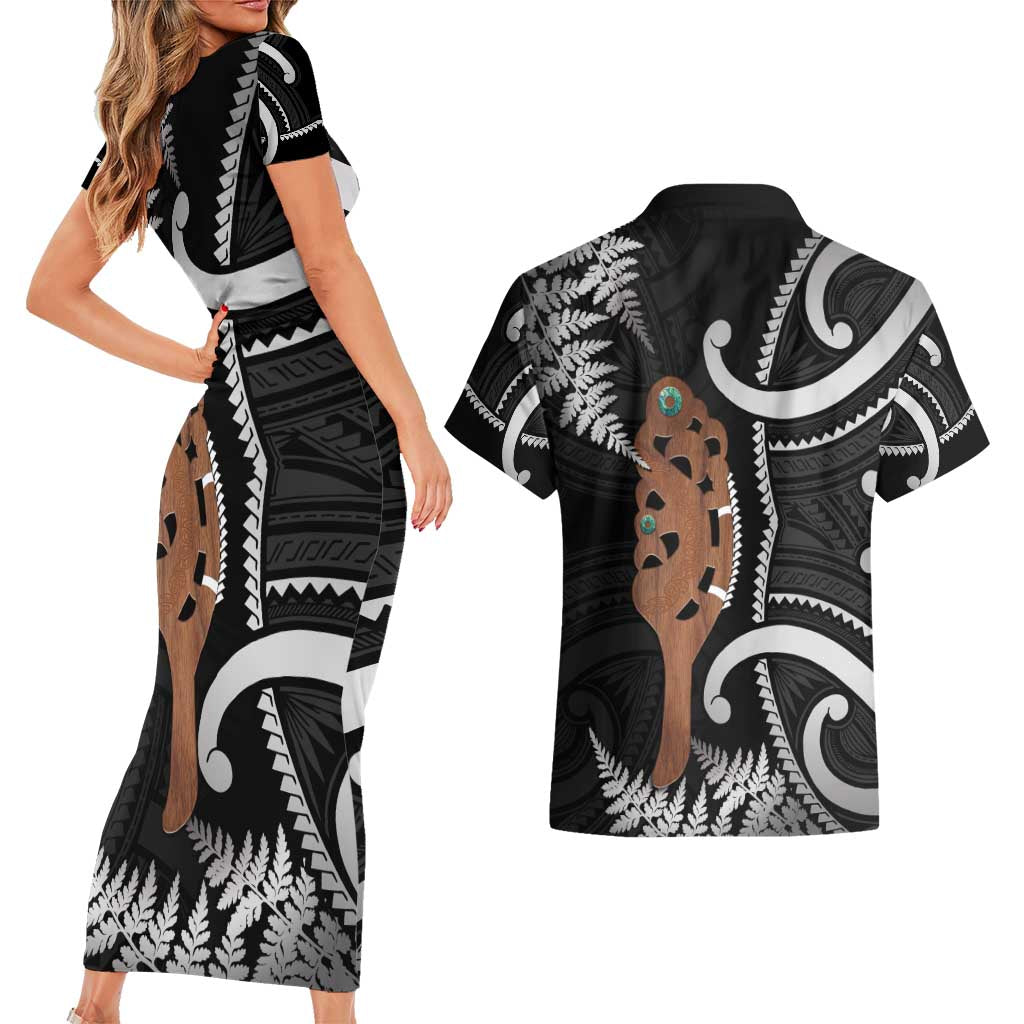 New Zealand Maripi Couples Matching Short Sleeve Bodycon Dress and Hawaiian Shirt Silver Fern Mix Aotearoa Maori Pattern LT14 - Polynesian Pride