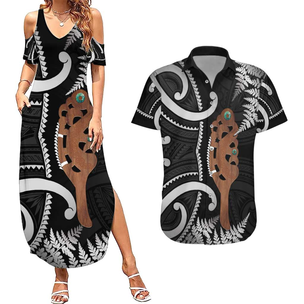 New Zealand Maripi Couples Matching Summer Maxi Dress and Hawaiian Shirt Silver Fern Mix Aotearoa Maori Pattern LT14 Black - Polynesian Pride