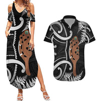 New Zealand Maripi Couples Matching Summer Maxi Dress and Hawaiian Shirt Silver Fern Mix Aotearoa Maori Pattern LT14 Black - Polynesian Pride