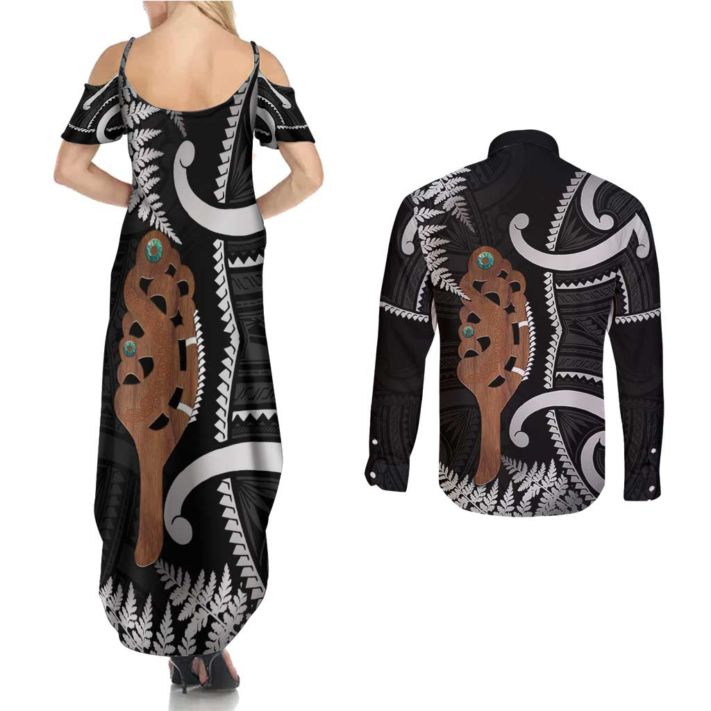 New Zealand Maripi Couples Matching Summer Maxi Dress and Long Sleeve Button Shirt Silver Fern Mix Aotearoa Maori Pattern LT14 - Polynesian Pride