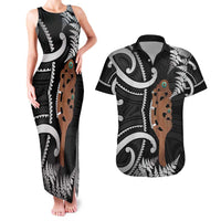 New Zealand Maripi Couples Matching Tank Maxi Dress and Hawaiian Shirt Silver Fern Mix Aotearoa Maori Pattern LT14 Black - Polynesian Pride