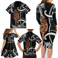 New Zealand Maripi Family Matching Long Sleeve Bodycon Dress and Hawaiian Shirt Silver Fern Mix Aotearoa Maori Pattern LT14 - Polynesian Pride