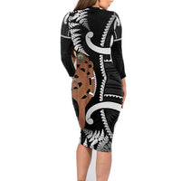 New Zealand Maripi Family Matching Long Sleeve Bodycon Dress and Hawaiian Shirt Silver Fern Mix Aotearoa Maori Pattern LT14 - Polynesian Pride
