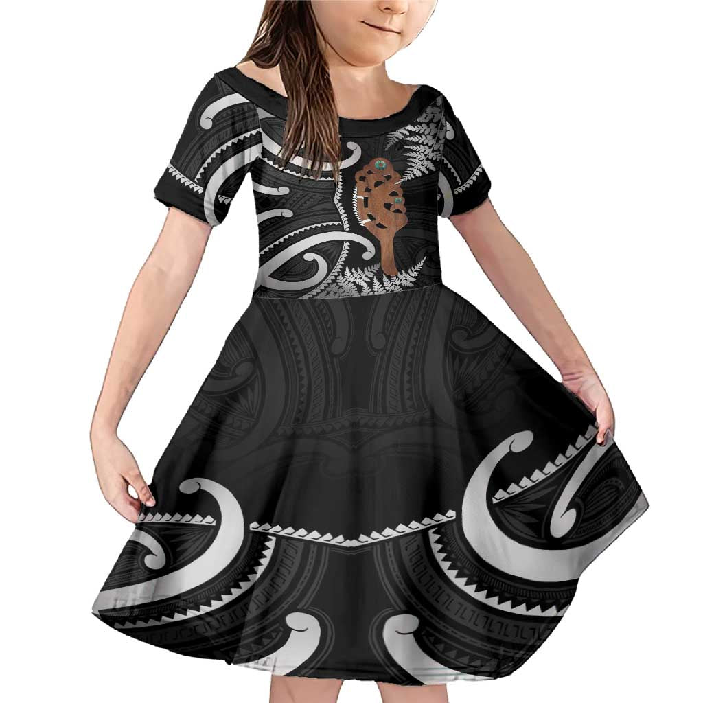 New Zealand Maripi Family Matching Mermaid Dress and Hawaiian Shirt Silver Fern Mix Aotearoa Maori Pattern LT14 Daughter's Dress Black - Polynesian Pride