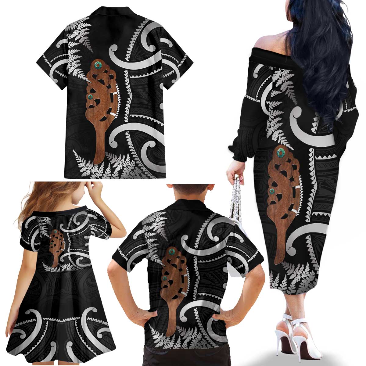 New Zealand Maripi Family Matching Off The Shoulder Long Sleeve Dress and Hawaiian Shirt Silver Fern Mix Aotearoa Maori Pattern LT14 - Polynesian Pride