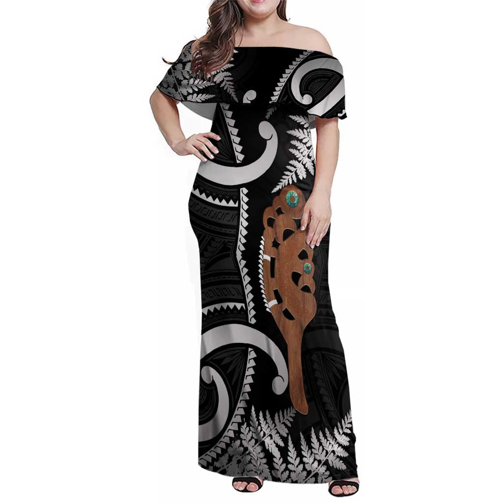New Zealand Maripi Family Matching Off Shoulder Maxi Dress and Hawaiian Shirt Silver Fern Mix Aotearoa Maori Pattern LT14 Mom's Dress Black - Polynesian Pride