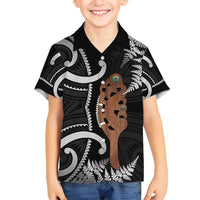 New Zealand Maripi Family Matching Off Shoulder Maxi Dress and Hawaiian Shirt Silver Fern Mix Aotearoa Maori Pattern LT14 Son's Shirt Black - Polynesian Pride