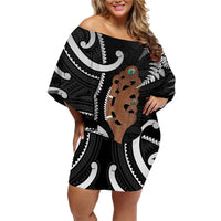 New Zealand Maripi Family Matching Off Shoulder Short Dress and Hawaiian Shirt Silver Fern Mix Aotearoa Maori Pattern LT14 Mom's Dress Black - Polynesian Pride