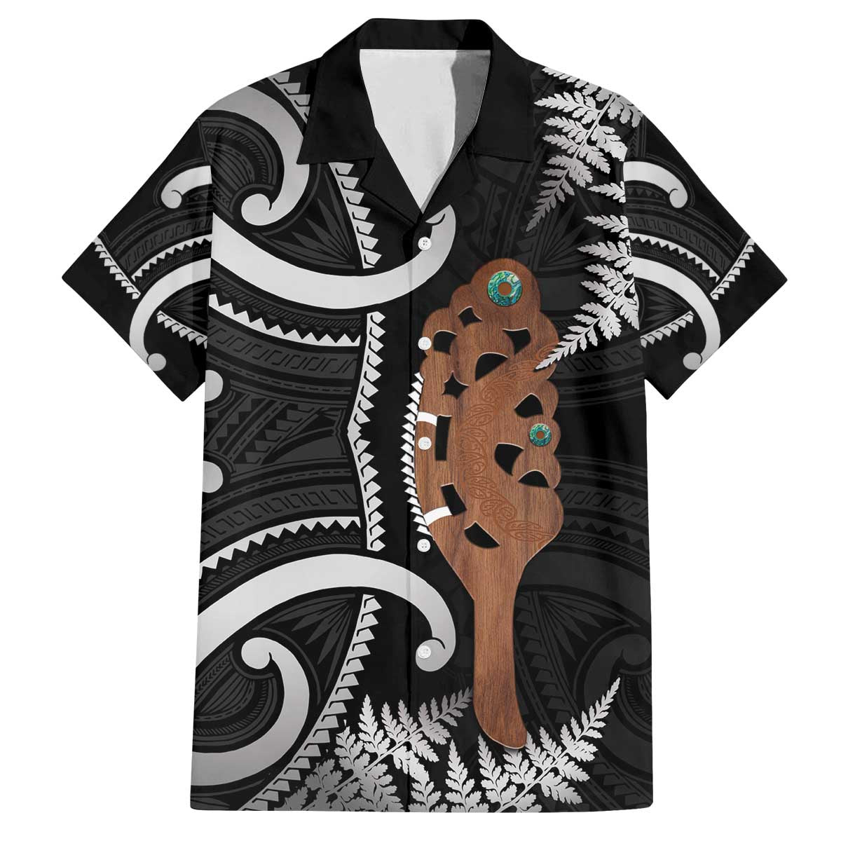 New Zealand Maripi Family Matching Puletasi and Hawaiian Shirt Silver Fern Mix Aotearoa Maori Pattern LT14 Dad's Shirt - Short Sleeve Black - Polynesian Pride