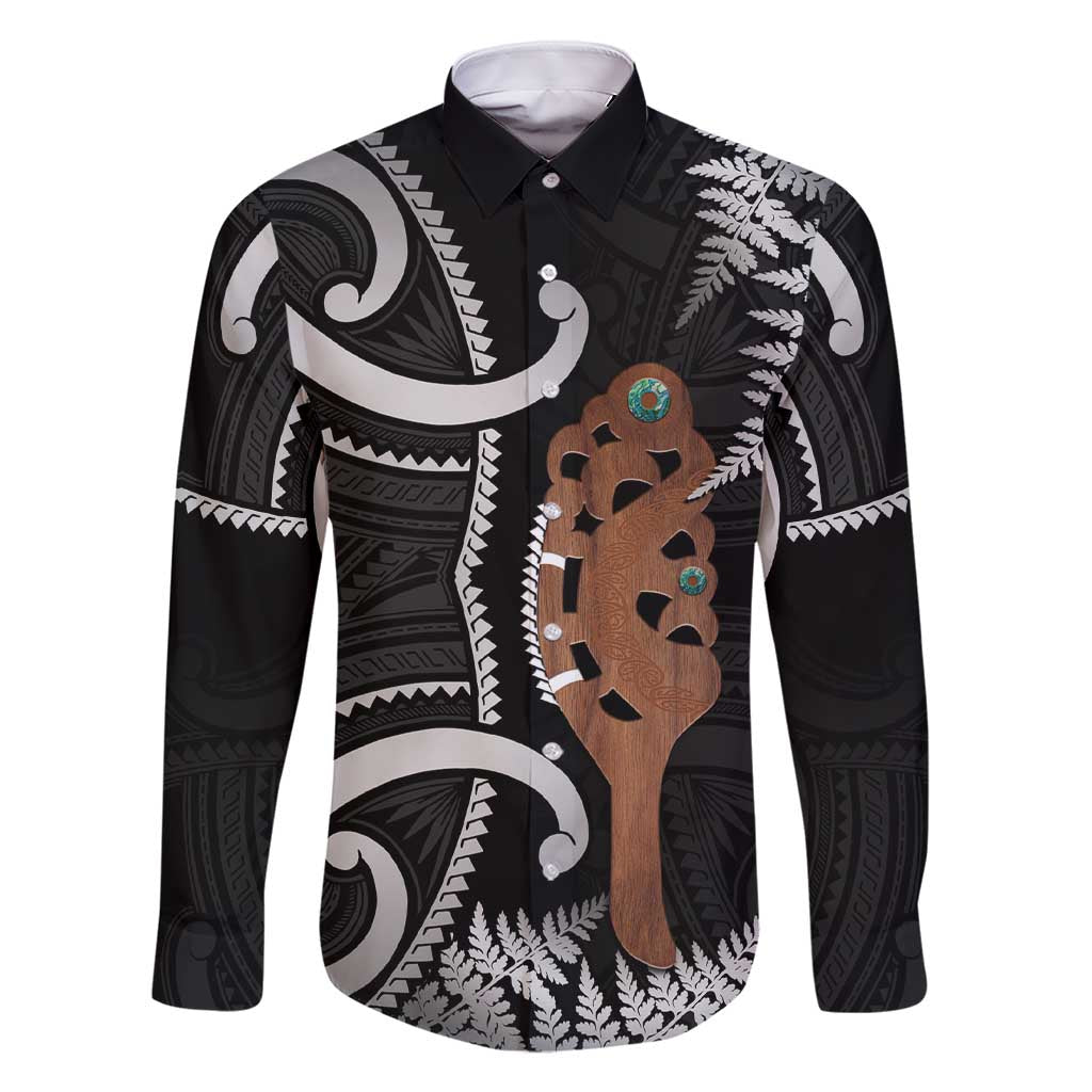New Zealand Maripi Family Matching Short Sleeve Bodycon Dress and Hawaiian Shirt Silver Fern Mix Aotearoa Maori Pattern LT14 Dad's Shirt - Long Sleeve Black - Polynesian Pride