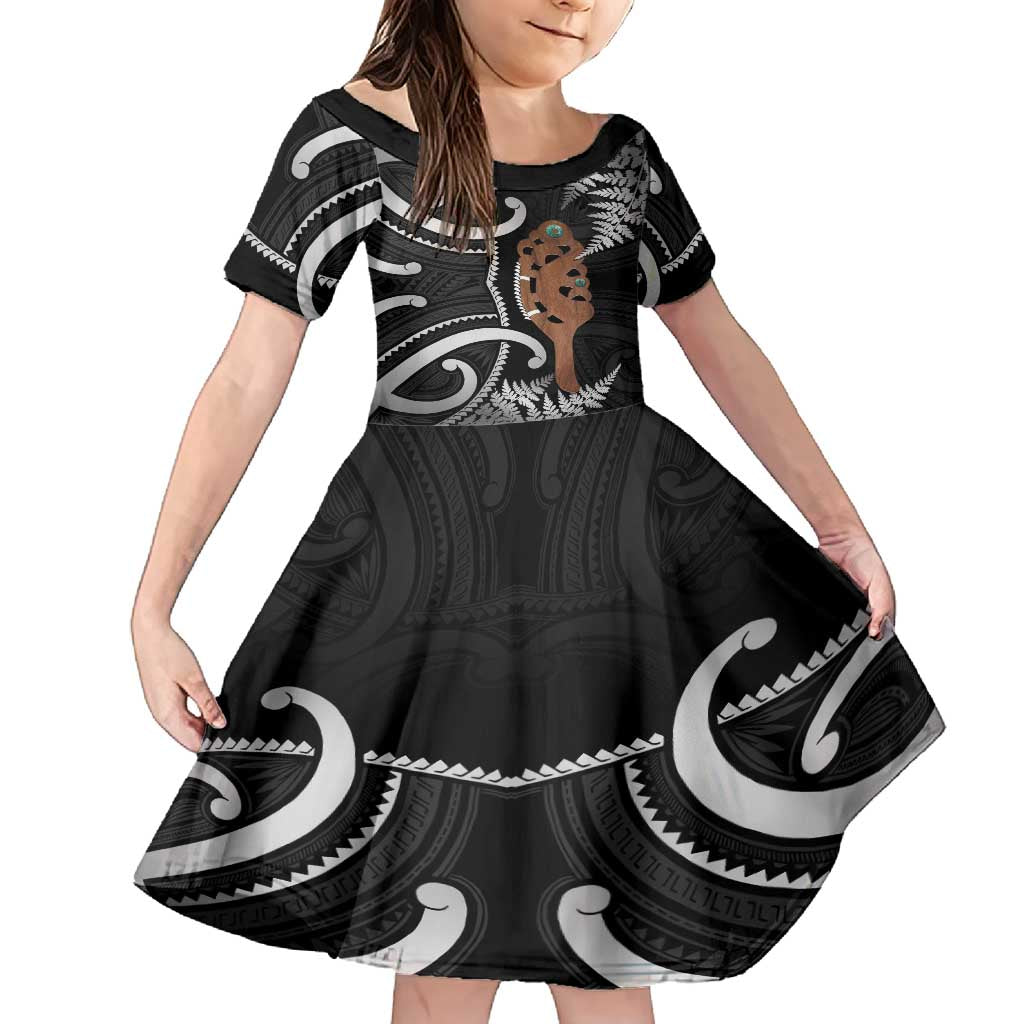 New Zealand Maripi Family Matching Summer Maxi Dress and Hawaiian Shirt Silver Fern Mix Aotearoa Maori Pattern LT14 Daughter's Dress Black - Polynesian Pride